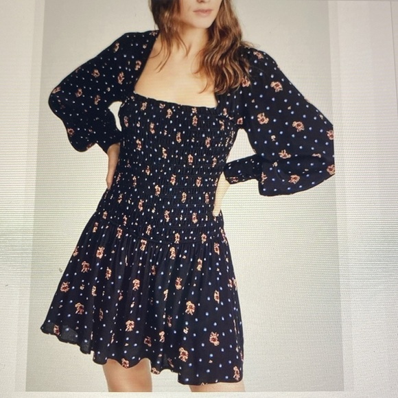 Free People Two Faces Smocked mini Dress Womens S Floral Stars square neck flowy - Picture 2 of 14
